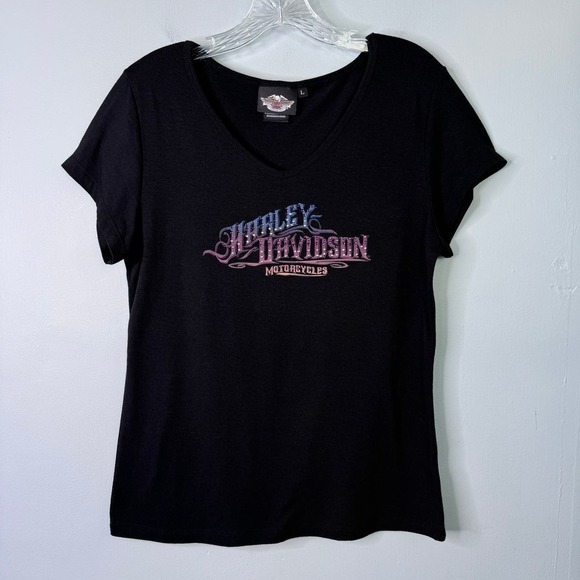 Harley-Davidson Motorcycles Black V-Neck Rhinestone Logo T-Shirt Women's Size L - Picture 1 of 12